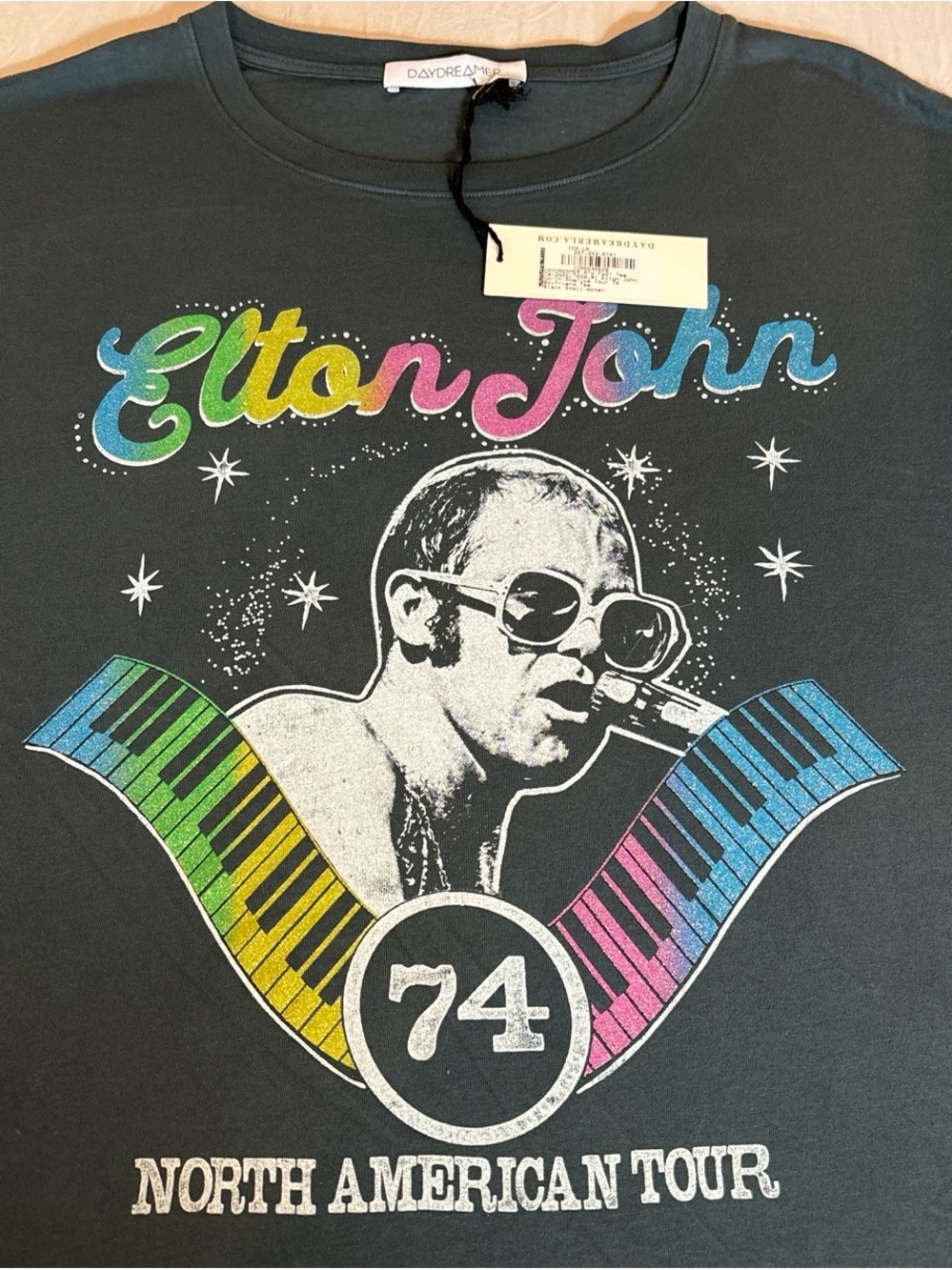Daydreamer Rare Soft Black Elton John Rainbow Graphic Tee